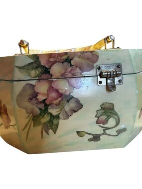 Vtg 1960s Decoupage Wood Box Purse Octagon Floral MCM Handbag MPM Artisan READ